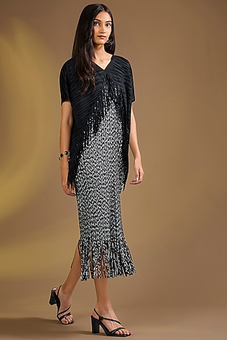 Black Silk Blend Fringed Pleated Midi Dress by Ajiesh Oberoi