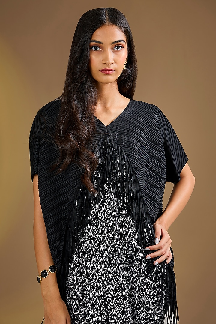 Black Silk Blend Fringed Pleated Midi Vacation Dress by Ajiesh Oberoi at Pernia's Pop Up Shop