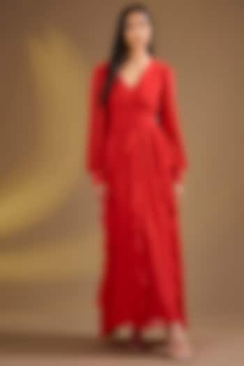 Red Silk Blend Ruffled Maxi Vacation Dress by Ajiesh Oberoi at Pernia's Pop Up Shop