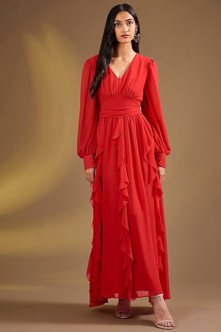 Red Silk Blend Ruffled Maxi Vacation Dress by Ajiesh Oberoi at Pernia's Pop Up Shop