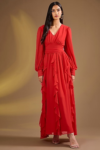 Red Silk Blend Ruffled Maxi Dress by Ajiesh Oberoi