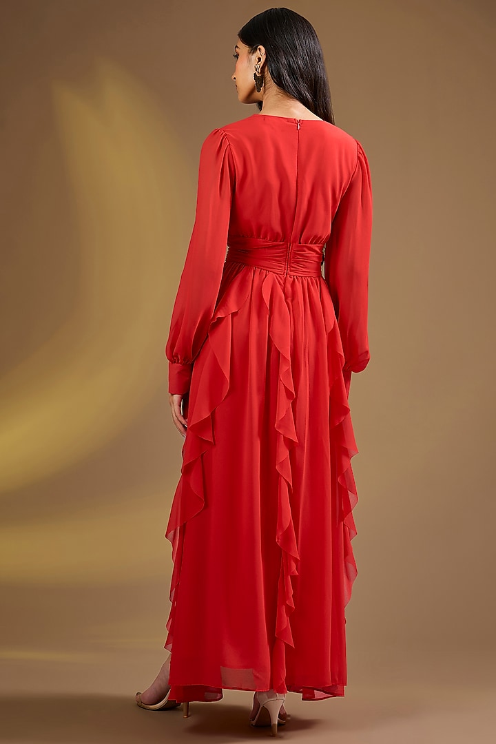Red Silk Blend Ruffled Maxi Vacation Dress by Ajiesh Oberoi at Pernia's Pop Up Shop