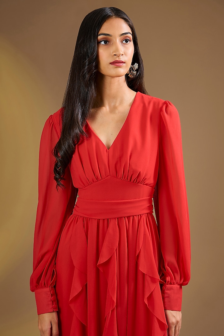 Red Silk Blend Ruffled Maxi Vacation Dress by Ajiesh Oberoi at Pernia's Pop Up Shop