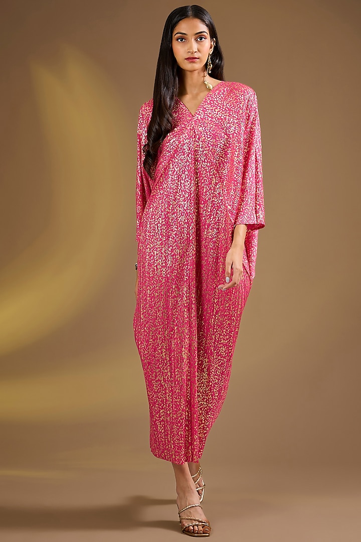 Metallic Pink Silk Blend Pleated Maxi Vacation Dress by Ajiesh Oberoi at Pernia's Pop Up Shop