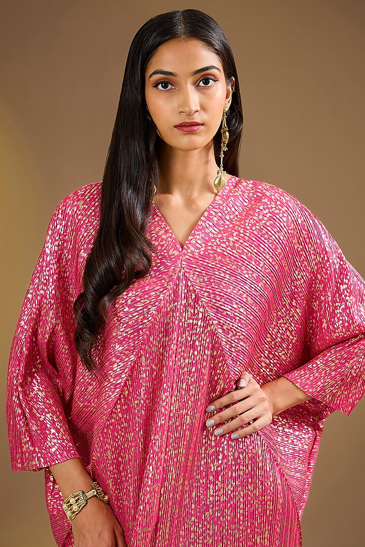 Metallic Pink Silk Blend Pleated Maxi Vacation Dress by Ajiesh Oberoi at Pernia's Pop Up Shop