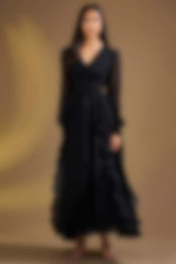 Black Silk Blend Ruffled Maxi Vacation Dress by Ajiesh Oberoi at Pernia's Pop Up Shop