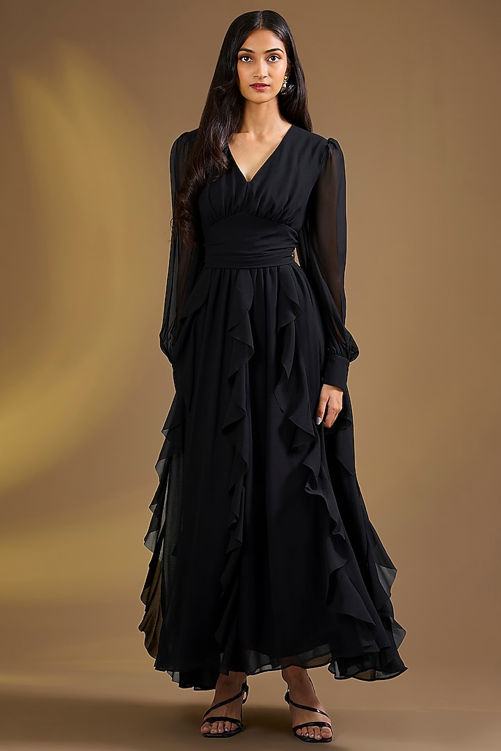 Black Silk Blend Ruffled Maxi Vacation Dress by Ajiesh Oberoi at Pernia's Pop Up Shop