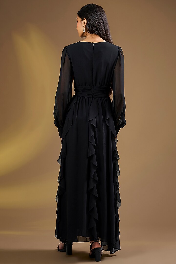 Black Silk Blend Ruffled Maxi Vacation Dress by Ajiesh Oberoi at Pernia's Pop Up Shop