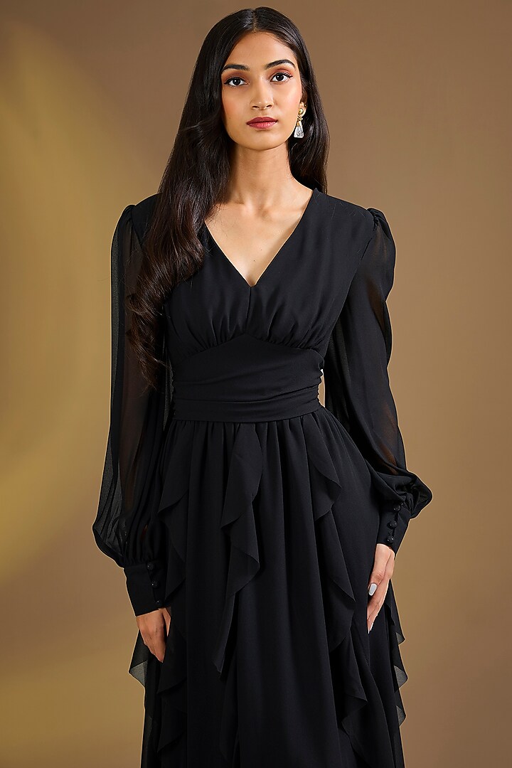 Black Silk Blend Ruffled Maxi Vacation Dress by Ajiesh Oberoi at Pernia's Pop Up Shop