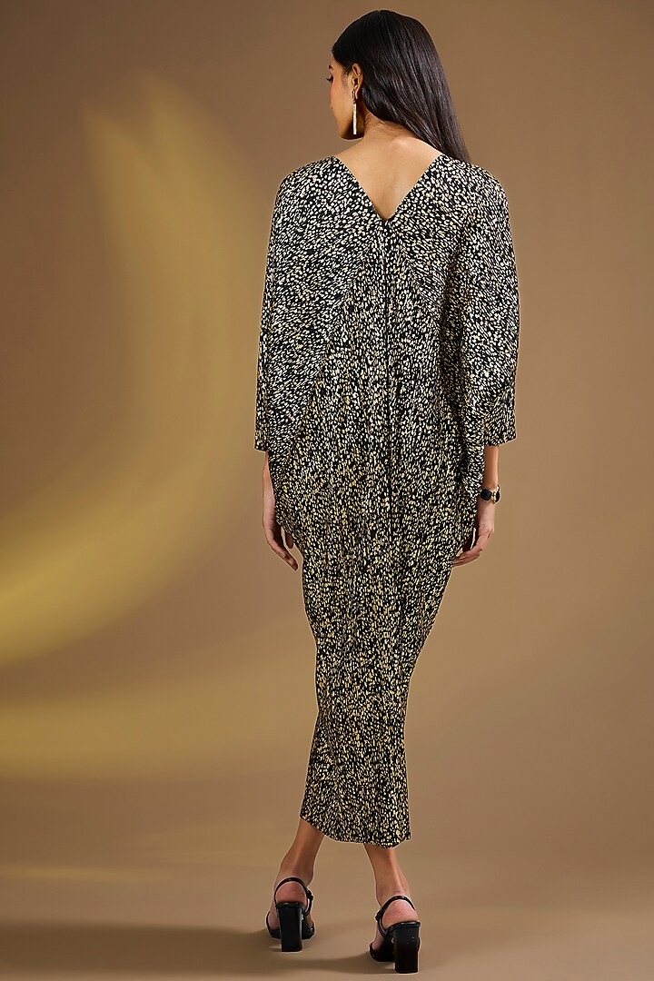 Black-Gold Silk Blend Abstract Midi Vacation Dress by Ajiesh Oberoi at Pernia's Pop Up Shop