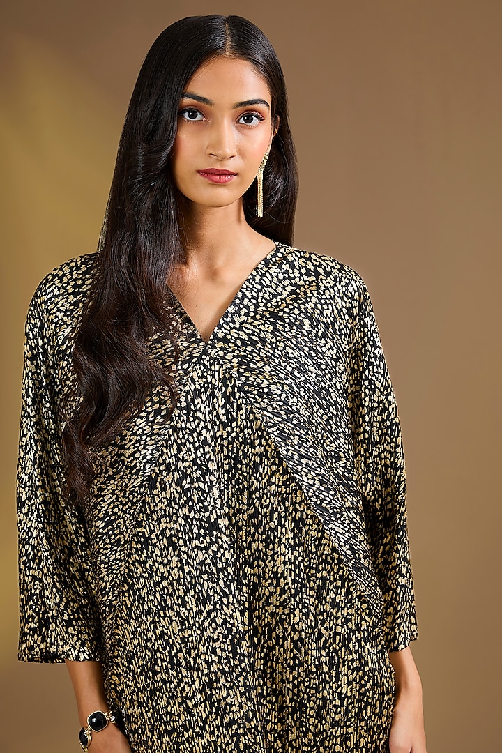 Black-Gold Silk Blend Abstract Midi Vacation Dress by Ajiesh Oberoi at Pernia's Pop Up Shop