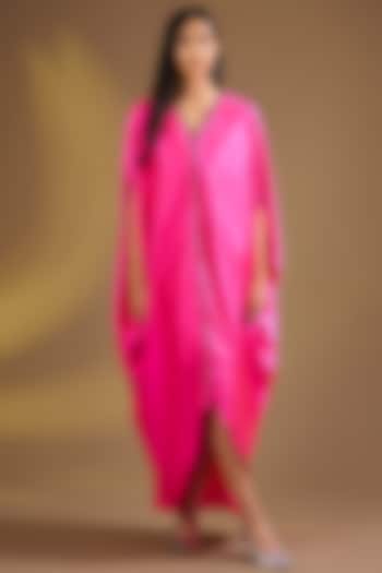 Fuchsia Pink Silk Blend Embellished Draped Kaftan by Ajiesh Oberoi at Pernia's Pop Up Shop
