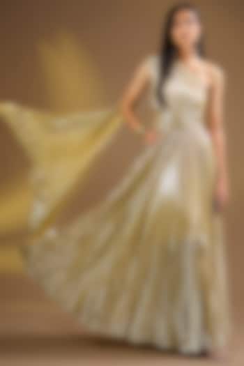 Gold Silk Blend Pleated One-shoulder Party Wear Gown by Ajiesh Oberoi at Pernia's Pop Up Shop