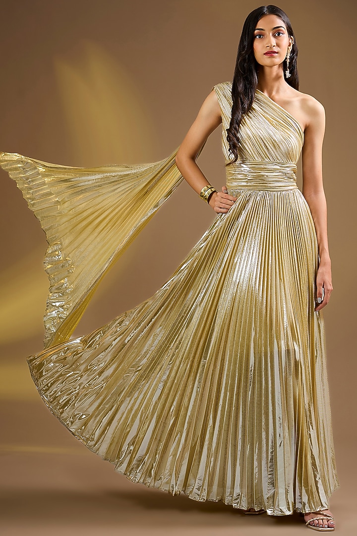 Gold Silk Blend Pleated One-shoulder Party Wear Gown by Ajiesh Oberoi at Pernia's Pop Up Shop
