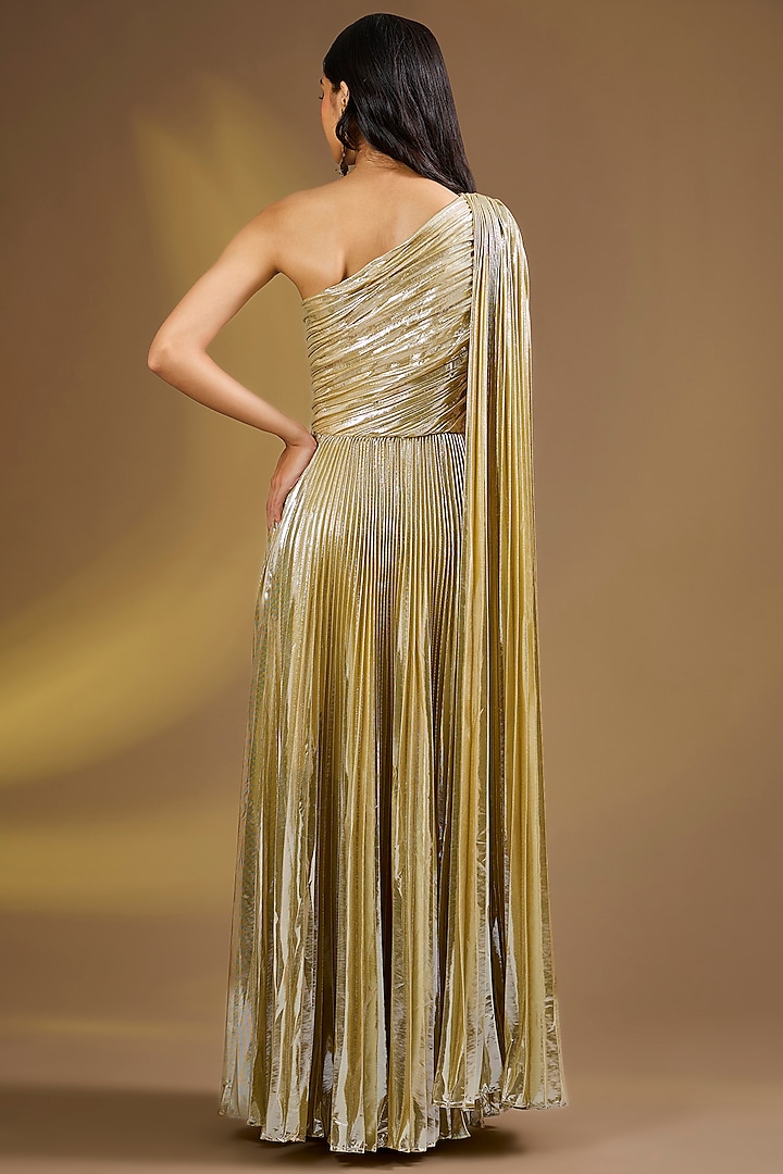 Gold Silk Blend Pleated One-shoulder Party Wear Gown by Ajiesh Oberoi at Pernia's Pop Up Shop