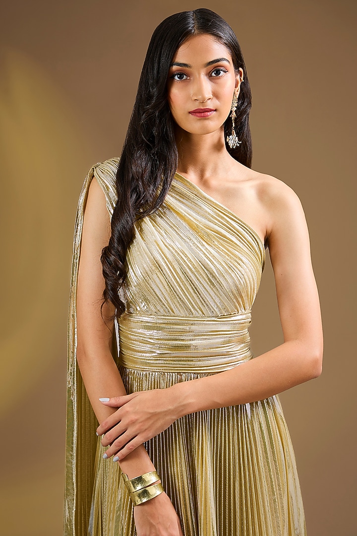 Gold Silk Blend Pleated One-shoulder Party Wear Gown by Ajiesh Oberoi at Pernia's Pop Up Shop