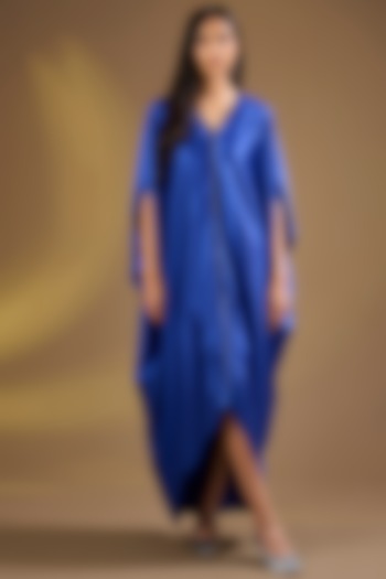 Navy Blue Silk Blend Embellished Kaftan by Ajiesh Oberoi at Pernia's Pop Up Shop