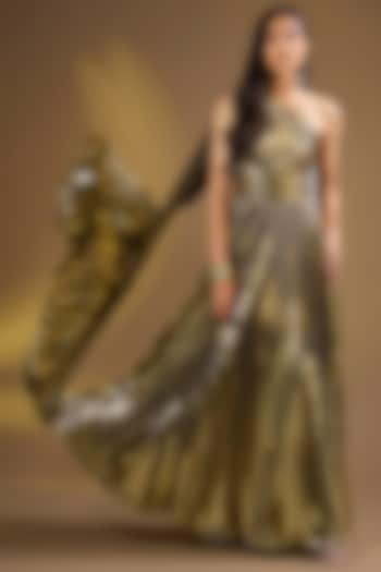 Metallic Gold Silk Blend Pleated One-shoulder Party Wear Gown by Ajiesh Oberoi at Pernia's Pop Up Shop