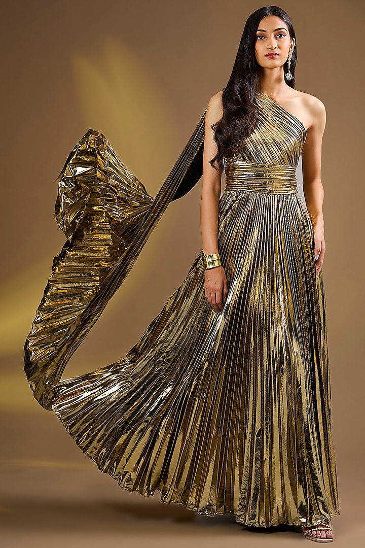 Metallic Gold Silk Blend Pleated One-shoulder Party Wear Gown by Ajiesh Oberoi at Pernia's Pop Up Shop