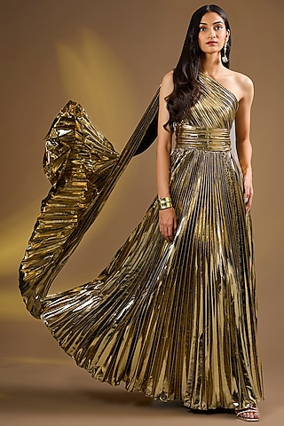 Metallic Gold Silk Blend Pleated One-shoulder Gown by Ajiesh Oberoi