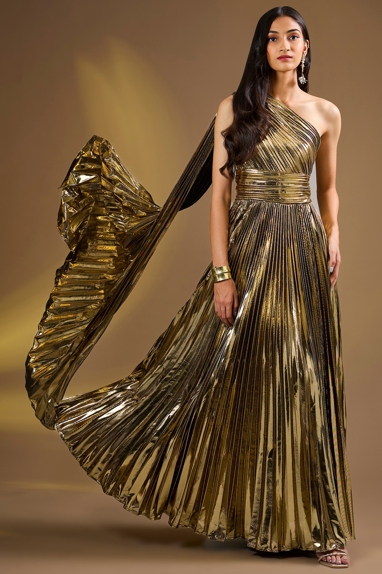Metallic Gold Silk Blend Pleated One-shoulder Party Wear Gown by Ajiesh  Oberoi at Pernia's Pop Up Shop