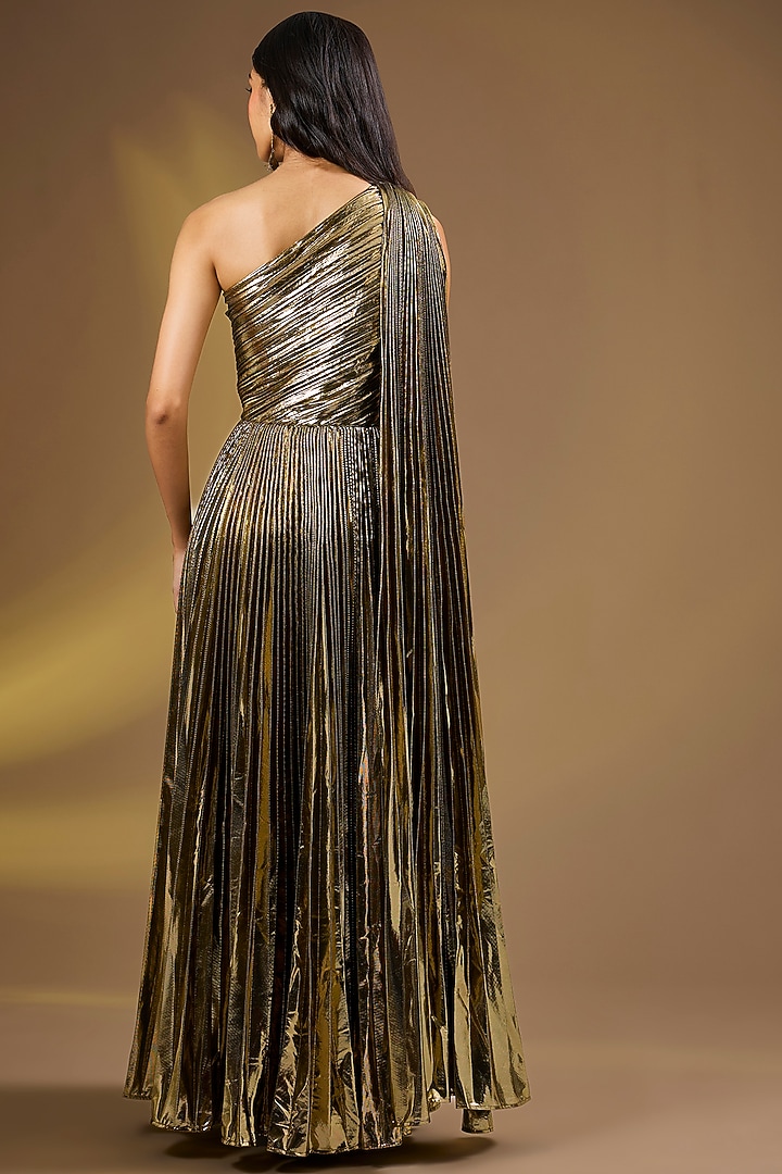 Metallic Gold Silk Blend Pleated One-shoulder Party Wear Gown by Ajiesh Oberoi at Pernia's Pop Up Shop
