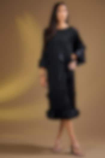 Black Silk Blend Pleated Midi Vacation Dress by Ajiesh Oberoi at Pernia's Pop Up Shop