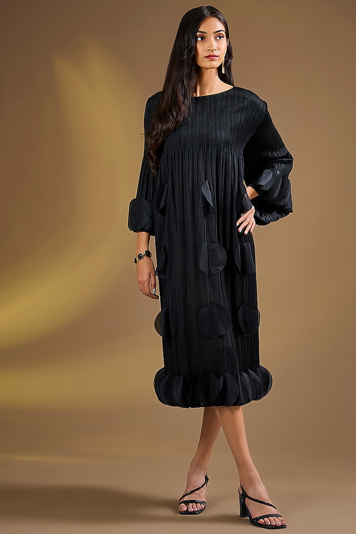 Black Silk Blend Pleated Midi Vacation Dress by Ajiesh Oberoi at Pernia's Pop Up Shop
