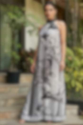 Black & White Bamboo Crepe Floral Printed Halter Vacation Dress by Ajiesh Oberoi at Pernia's Pop Up Shop