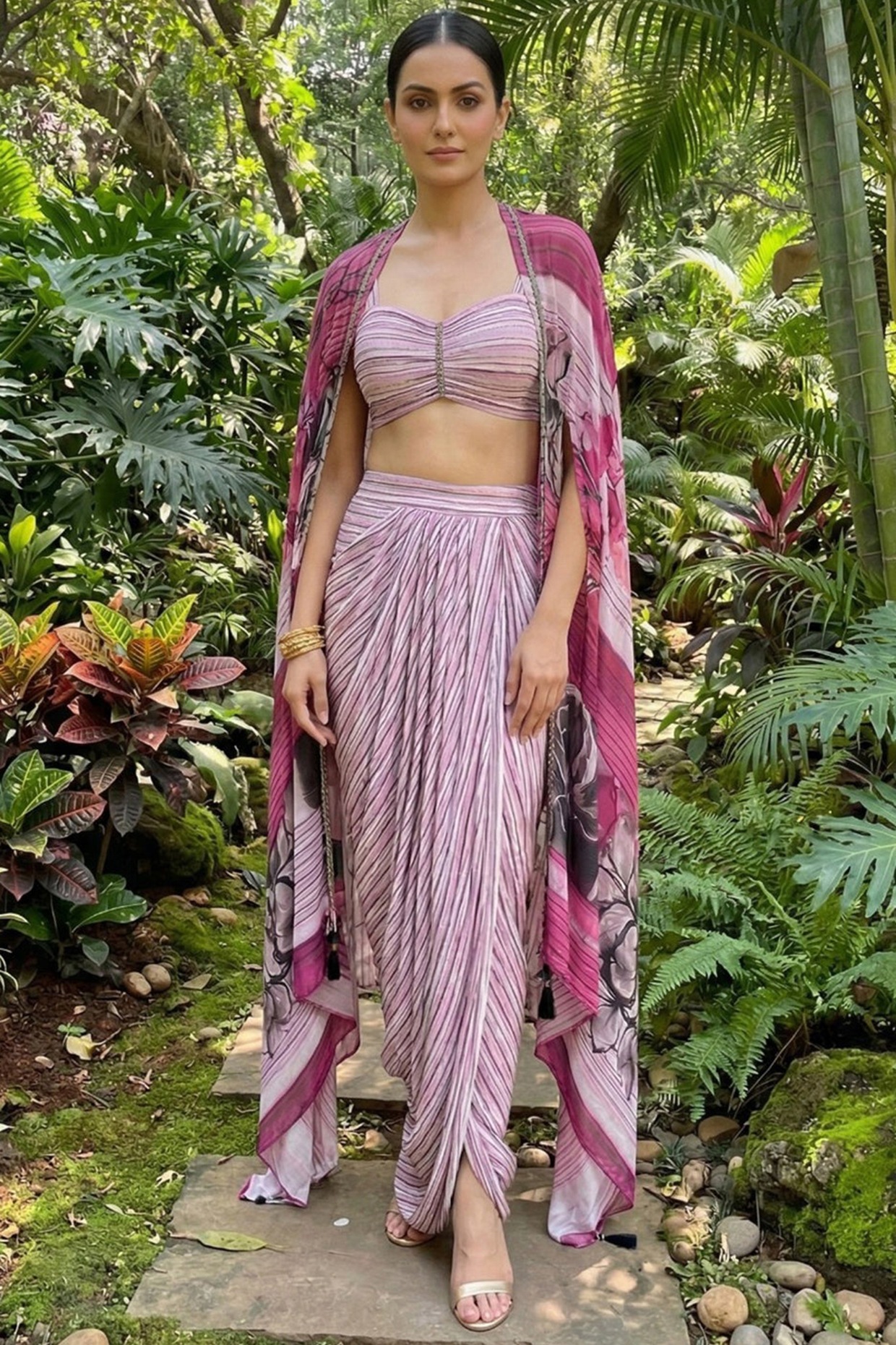 Ajiesh Oberoi Pink & White Bamboo Crepe Printed Skirt Set