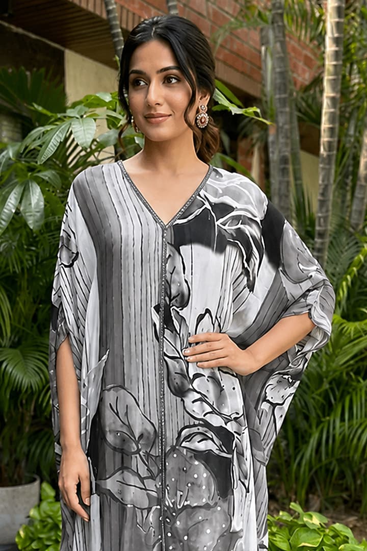 Black & White Bamboo Crepe Floral Printed Kaftan by Ajiesh Oberoi at Pernia's Pop Up Shop