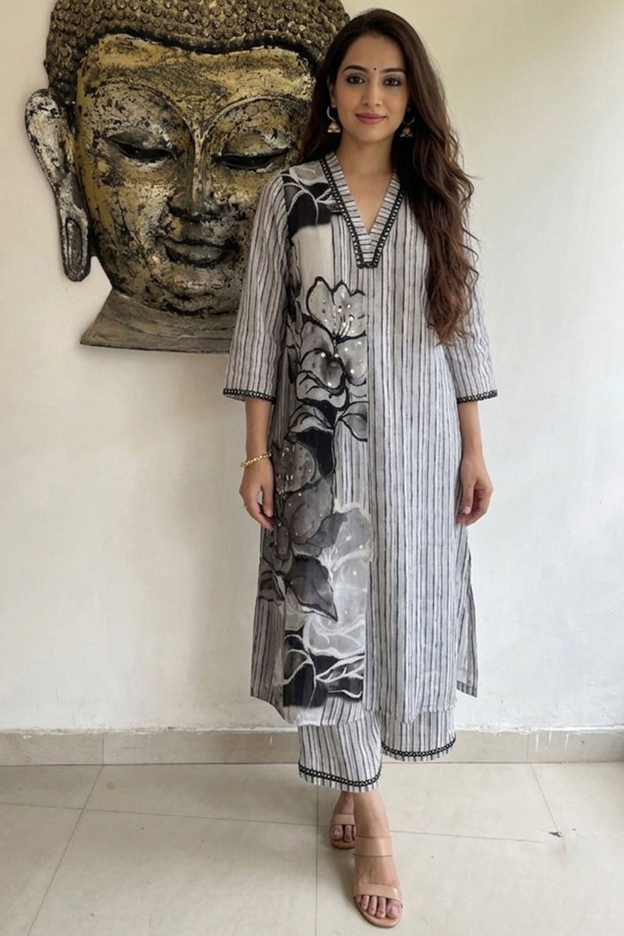 Ajiesh Oberoi Black & White Bamboo Crepe Floral Printed Kurta Set
