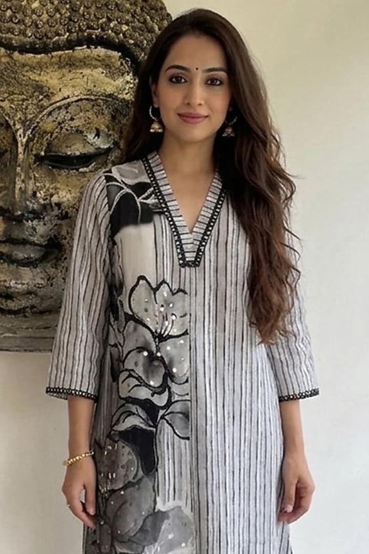 Black & White Bamboo Crepe Floral Printed Kurta Set by Ajiesh Oberoi at Pernia's Pop Up Shop