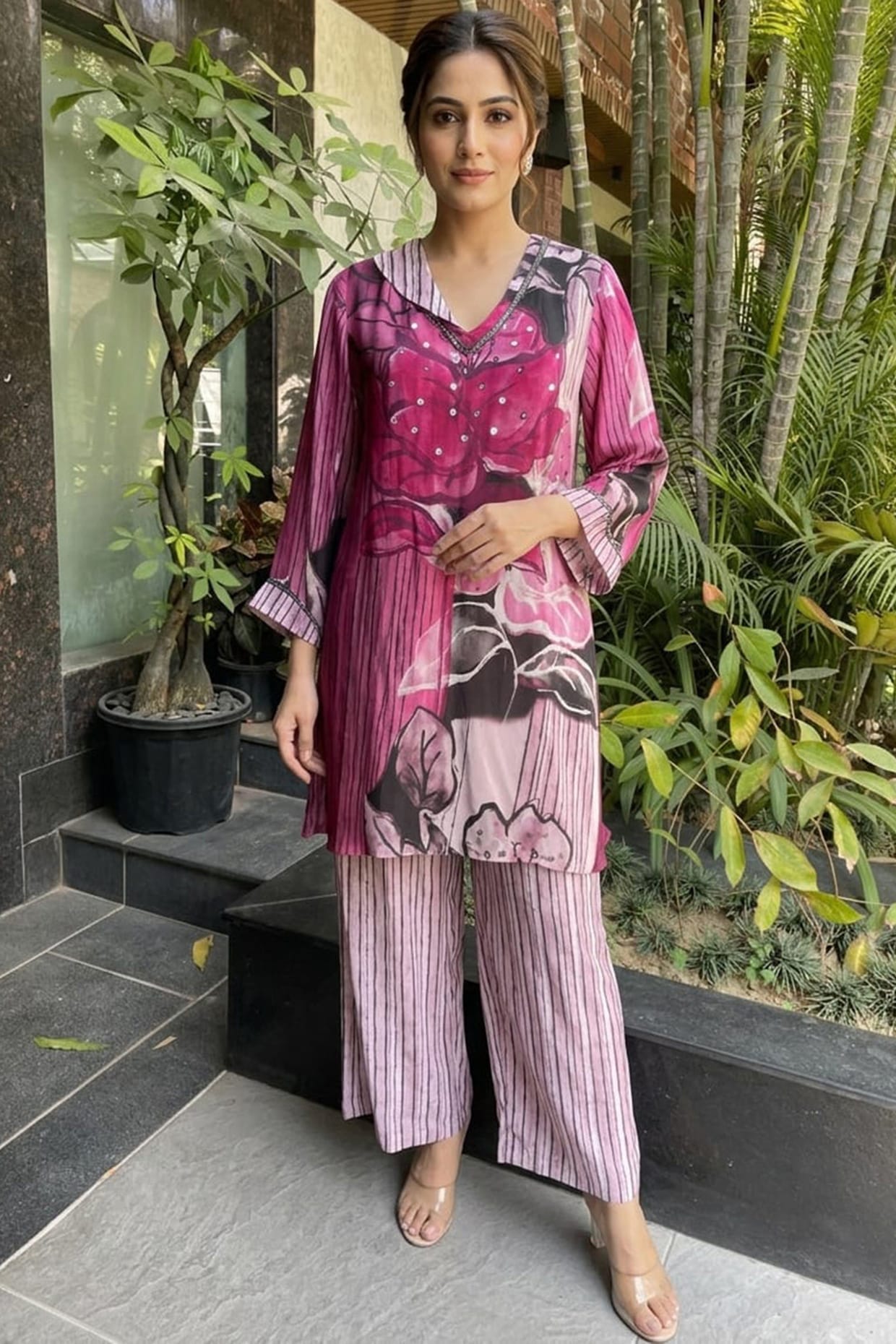 Ajiesh Oberoi Pink & White Bamboo Crepe Floral Printed Kurta Set
