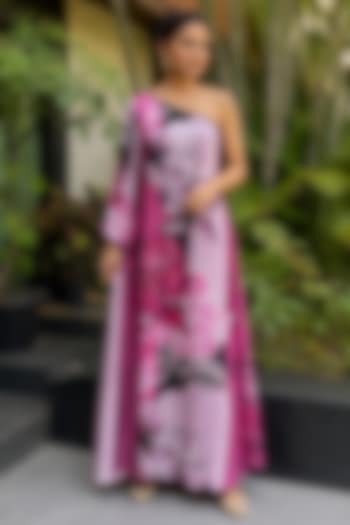 Pink & White Bamboo Crepe Floral Printed One-Shoulder Draped Summer Dress by Ajiesh Oberoi at Pernia's Pop Up Shop