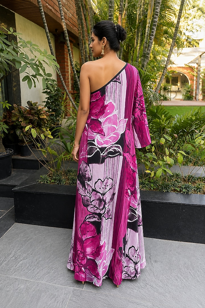 Pink & White Bamboo Crepe Floral Printed One-Shoulder Draped Summer Dress by Ajiesh Oberoi at Pernia's Pop Up Shop