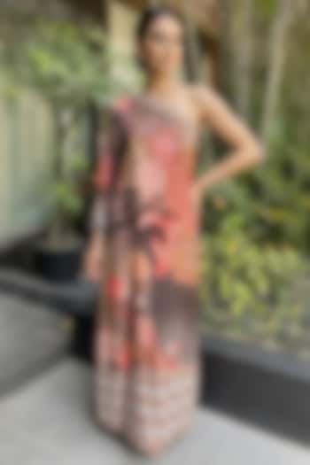 Multi-Colored Bamboo Crepe Floral Printed One-Shoulder Draped Summer Dress by Ajiesh Oberoi at Pernia's Pop Up Shop