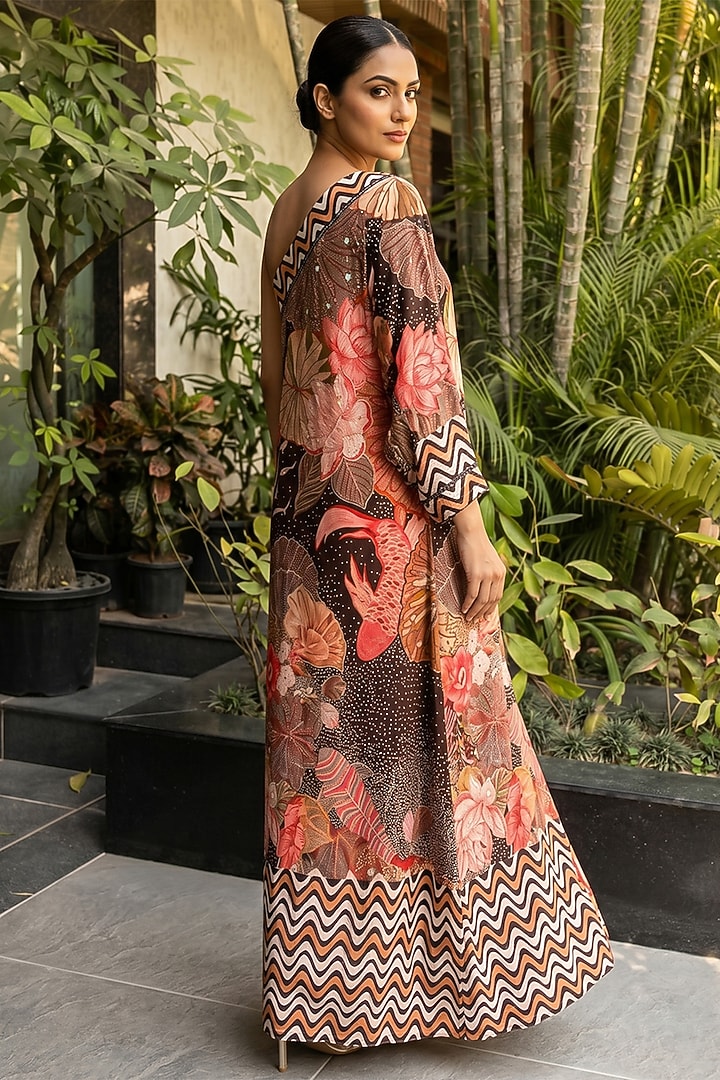 Multi-Colored Bamboo Crepe Floral Printed One-Shoulder Draped Summer Dress by Ajiesh Oberoi at Pernia's Pop Up Shop