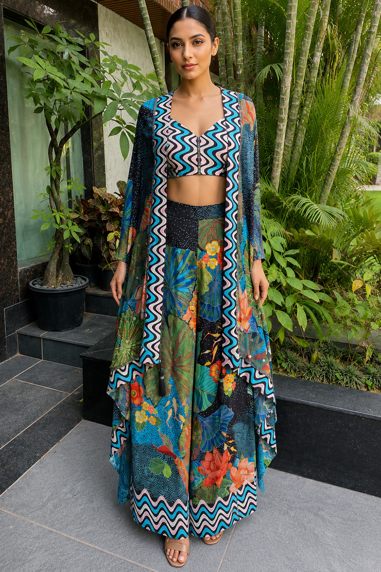 Ajiesh Oberoi Lush Green Bamboo Crepe Floral Printed Pant Set