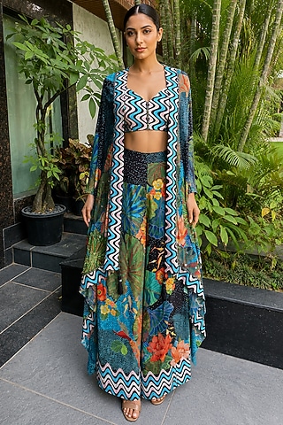 Lush Green Bamboo Crepe Floral Printed Pant Set by Ajiesh Oberoi