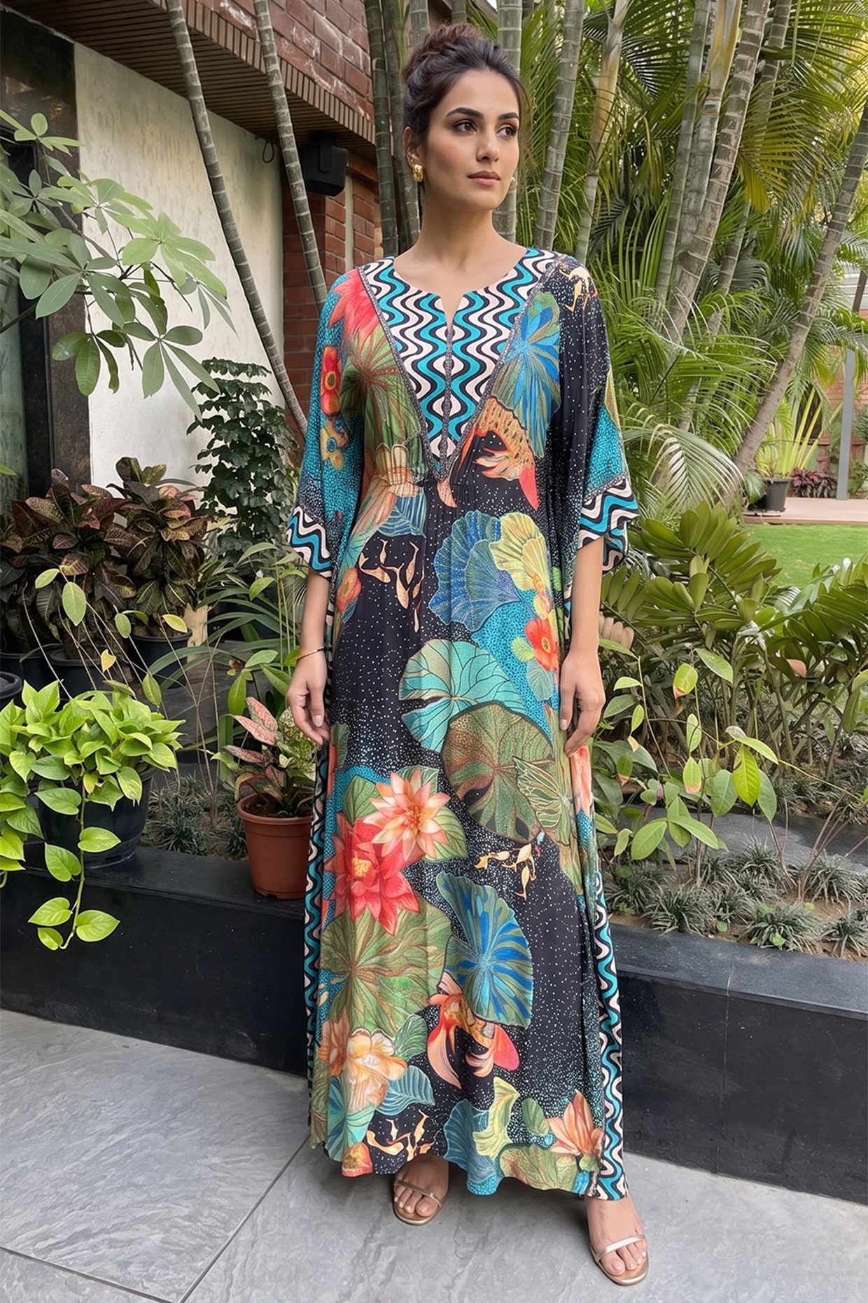 Ajiesh Oberoi Multi-Colored Bamboo Crepe Floral Printed Kaftan