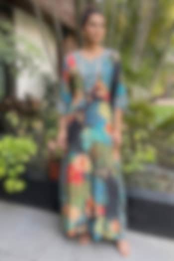 Multi-Colored Bamboo Crepe Floral Printed Kaftan by Ajiesh Oberoi at Pernia's Pop Up Shop