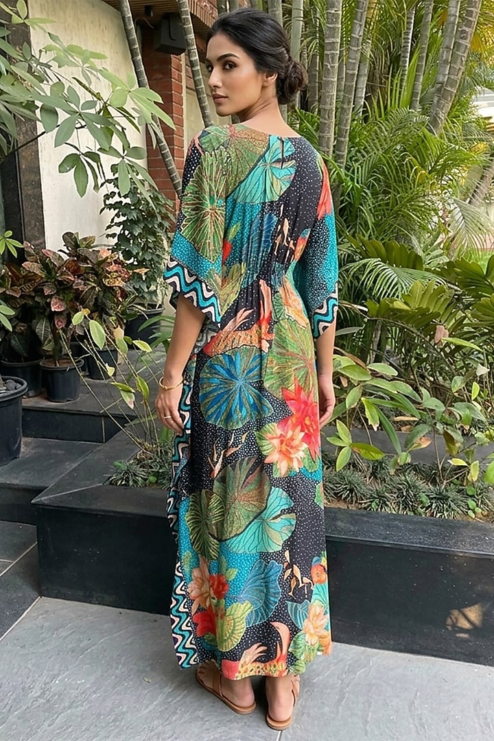 Multi-Colored Bamboo Crepe Floral Printed Kaftan by Ajiesh Oberoi at Pernia's Pop Up Shop