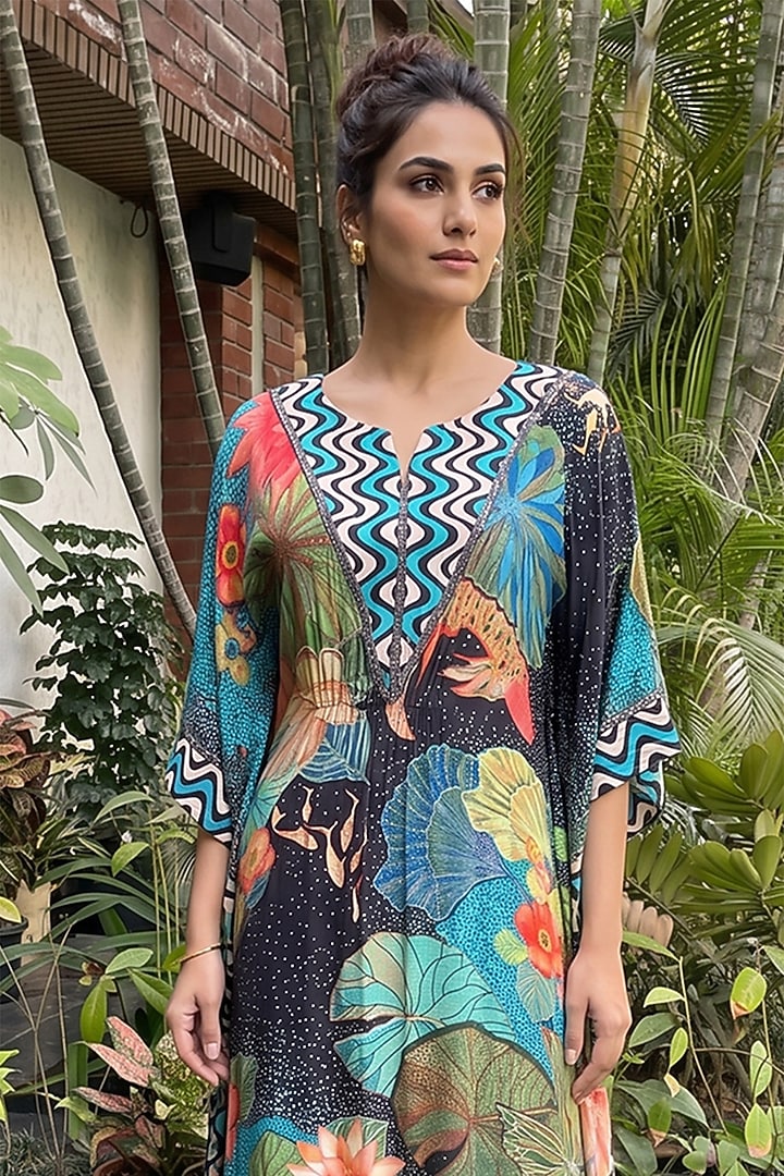 Multi-Colored Bamboo Crepe Floral Printed Kaftan by Ajiesh Oberoi at Pernia's Pop Up Shop