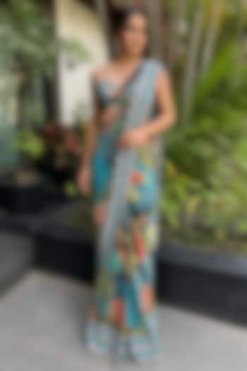 Teal Bamboo Crepe Floral Printed Draped Wedding Saree Set by Ajiesh Oberoi at Pernia's Pop Up Shop
