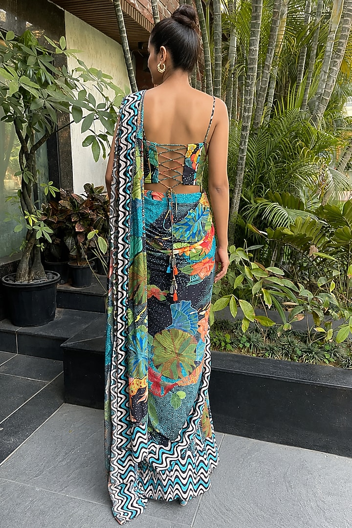 Teal Bamboo Crepe Floral Printed Draped Wedding Saree Set by Ajiesh Oberoi at Pernia's Pop Up Shop