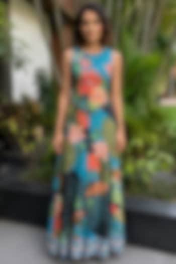Teal Bamboo Crepe Floral Printed Pant Set by Ajiesh Oberoi at Pernia's Pop Up Shop