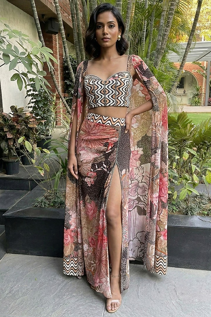 Multi-Colored Bamboo Crepe Printed Skirt Set by Ajiesh Oberoi at Pernia's Pop Up Shop