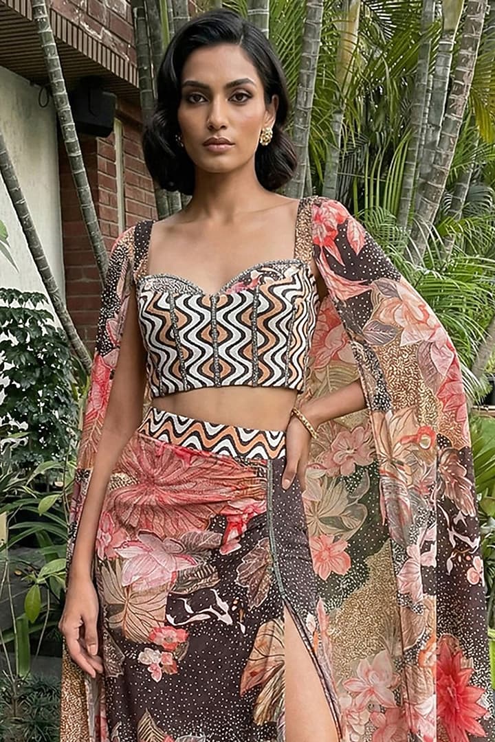 Multi-Colored Bamboo Crepe Printed Skirt Set by Ajiesh Oberoi at Pernia's Pop Up Shop