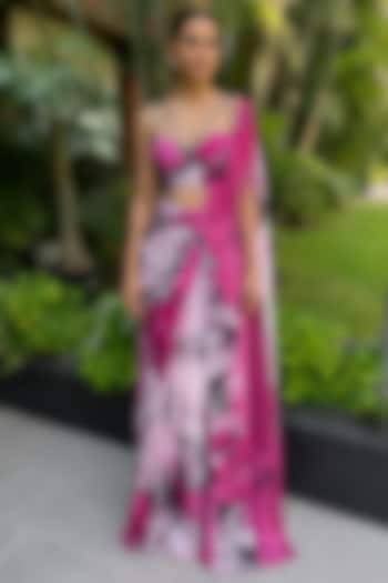 Pink & White Bamboo Crepe Floral Printed Draped Party Wear Saree Set by Ajiesh Oberoi at Pernia's Pop Up Shop